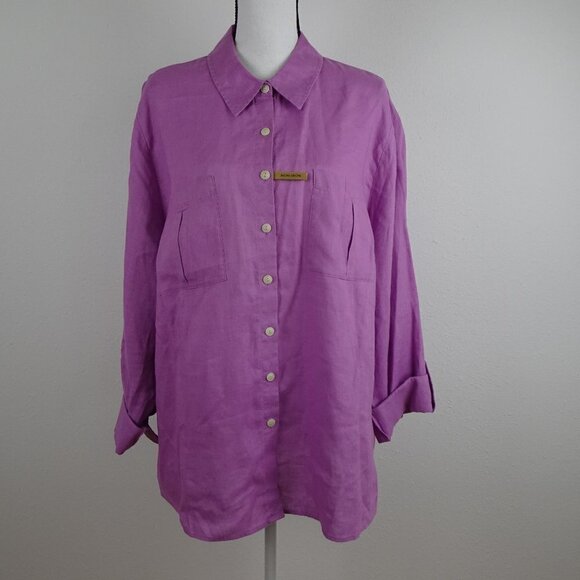 Investments Linen Blouse Top Women's 22W Purple Roll Tab Sleeves - Picture 1 of 8
